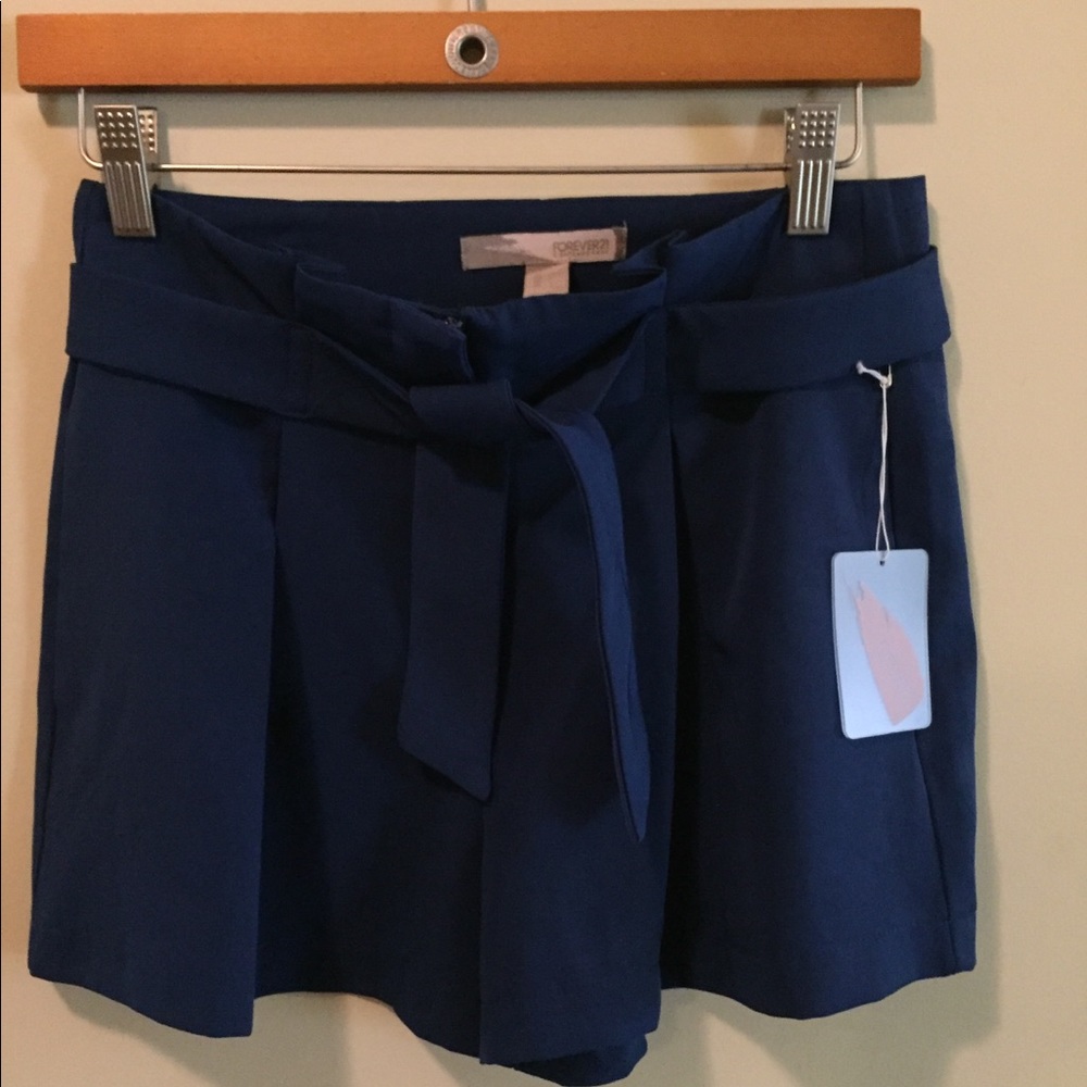 Navy Blue Paperbag Tie Waist Belt Shorts Forever21